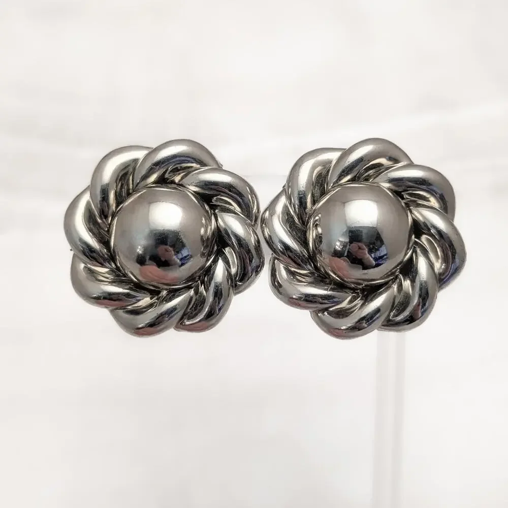 Vintage Clip On Earrings Extra Large Silver Tone Chunky Twist Halo Statement